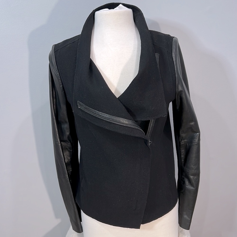 Vince Leather & Wool Mixed Media Black Motto Zip Jacket Knit Sweater Womens M 6 - Picture 10 of 16